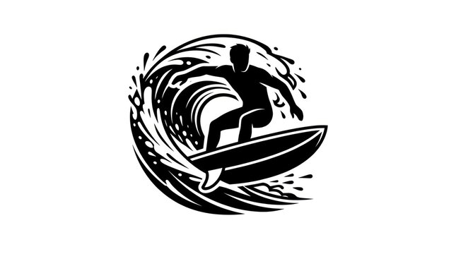 Silhouette of a surfer riding a wave in a dynamic illustration.