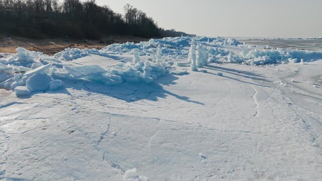 Stacked Coastal Ice Towers, Baltic Winter Landscape, Tuja Beach, Latvia