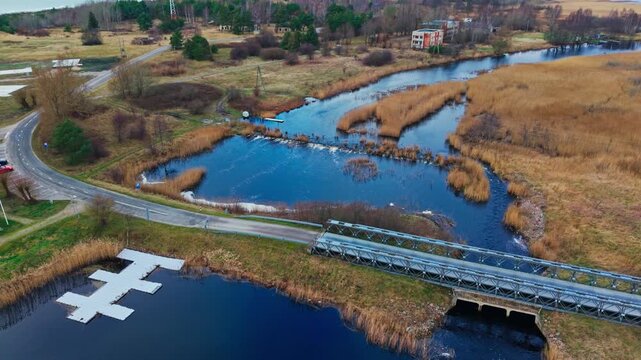 Drone Flight Above Pape Lake Sluice Canal and Wetlands Near Baltic Sea Latvia