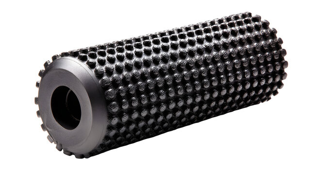 Black foam roller with grid pattern for muscle recovery with featuring small bumps hollow center set against white background rehabilitation