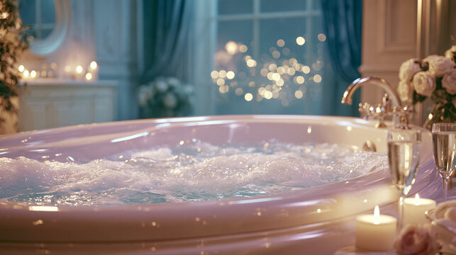 Bubbling hot tub in a luxury bathroom, soft candlelight creating a relaxing spa atmosphere and romantic evening preparation