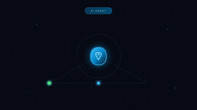 Glowing AI agent icon appearing with Think Act Done slogan on a futuristic digital tech background