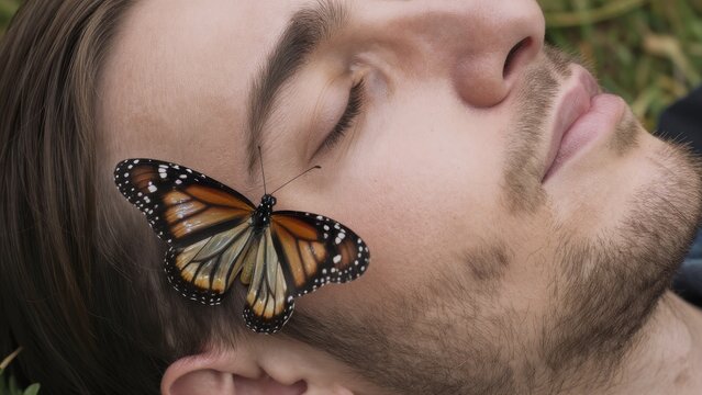 Serene Young Man Relaxing with Butterfly Resting on His Face