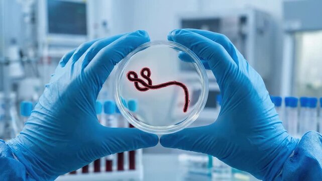Pathogen study view: ebola virus, global health, medical research, laboratory science, contagion control, microscopic form, disease analysis, biosecurity measure.