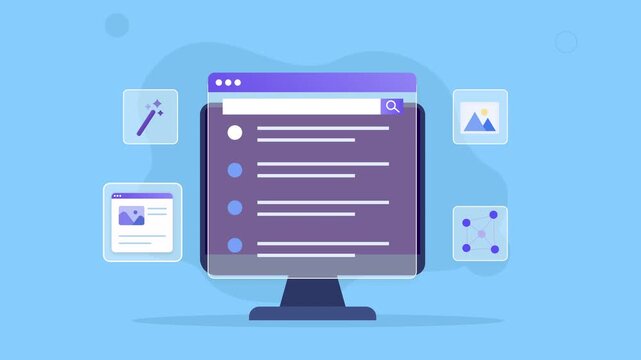 Modern flat vector animation of a desktop monitor displaying a digital form and checklist interface with document, design, and data elements for business and productivity concepts.