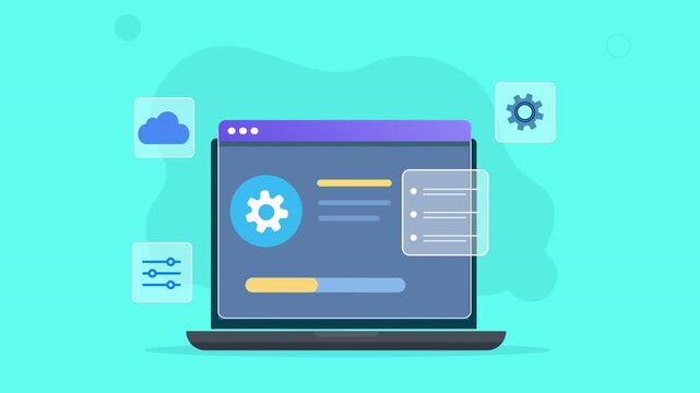 Modern flat vector animation of a laptop cloud management dashboard with settings, controls, cloud storage, and configuration interface elements for digital technology concepts.