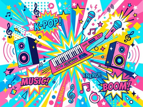 Bubblegum Pop Energy Abstract Music Background with Microphones and Speakers