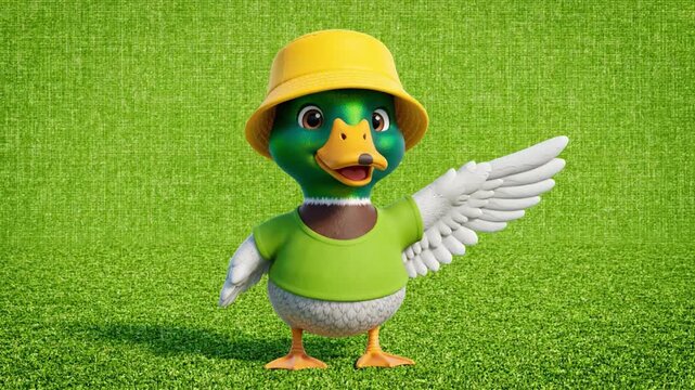Cute Duck Character Wearing Hat and T-Shirt Waving Hand. 4K Video