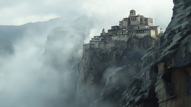 Ancient monastery perched on misty mountain cliff in mysterious landscape