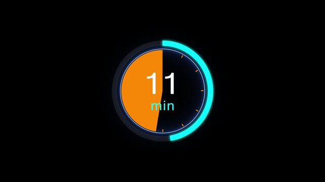 Abstract clock icon animation. 11 minute timer symbol, isolated on black background, and creating a stunning 4k video.