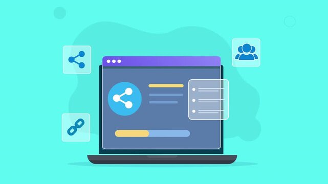 Modern flat vector animation of a laptop dashboard with social sharing, user network, link, and communication interface elements for digital marketing and business concepts.