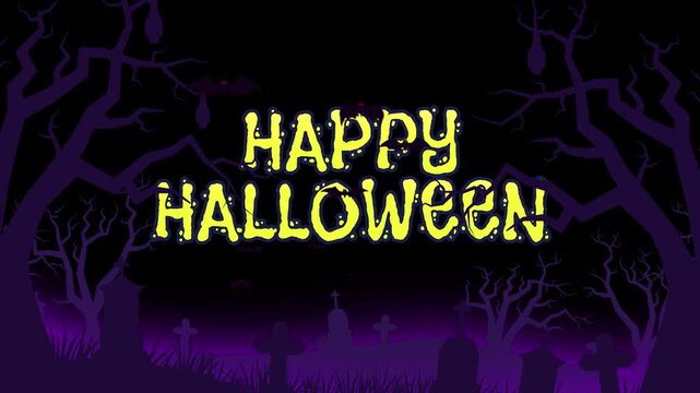 Happy Halloween text title animation with spooky graveyard silhouette bats and creepy trees on transparent alpha channel background