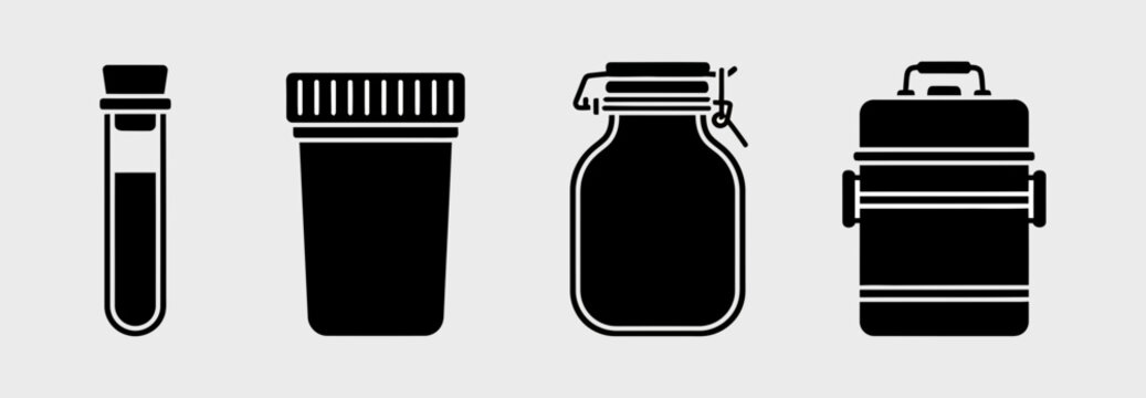 Medical and Laboratory Sample Container Icons Set Featuring Test Tube Specimen Cup and Storage Glass Jars for Science Research