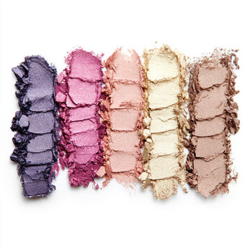 Eyeshadow swatches displaying a range of colors and metallic shimmers, ideal for beauty and cosmetic advertising