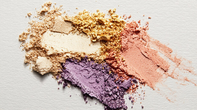 Colorful crushed eyeshadows and cosmetics powders creating bright pigment swatches for beauty make up trends