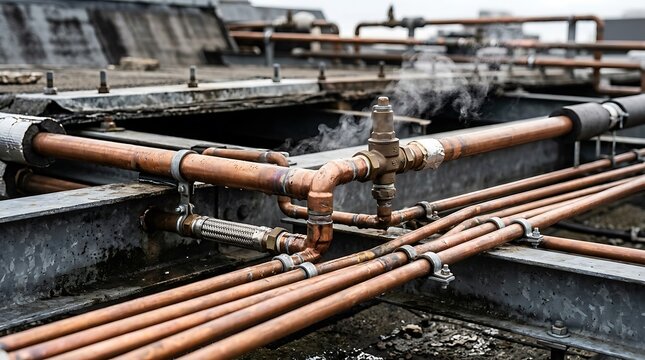 Industrial copper pipes with steam venting from pressure valve