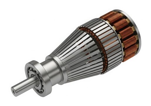 Close-up of electric motor rotor with copper windings isolated on white background