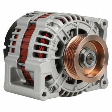 Close-up of car alternator with fan isolated on white background