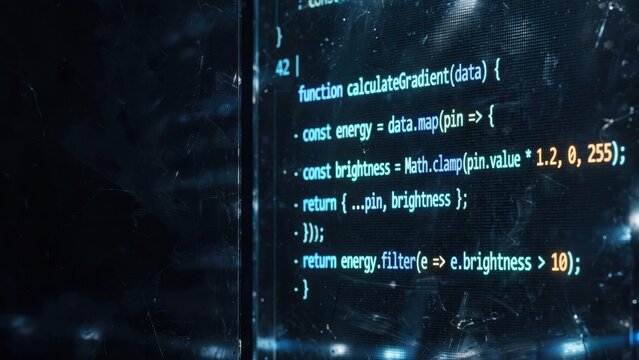 Close-up of Computer Screen Displaying Programming Code in Dark Environment.