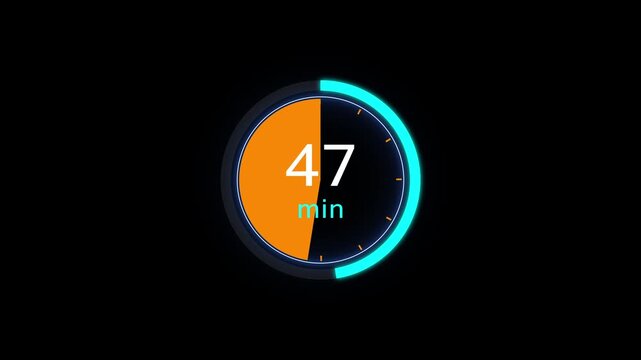 Abstract clock icon animation. 47 minute timer symbol, isolated on black background, and creating a stunning 4k video.