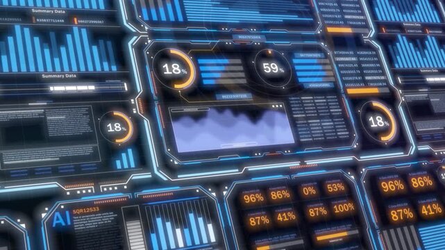 Advanced data analytics dashboard displays financial charts, business reports, and investment indicators, representing modern technology, strategic planning, and data-driven decision making.