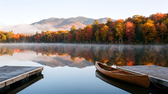 Wooden canoe docked by pier on calm autumn lake with mountains reflections