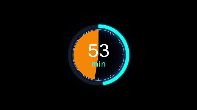 Abstract clock icon animation. 53 minute timer symbol, isolated on black background, and creating a stunning 4k video.