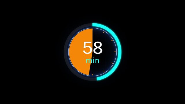 Abstract clock icon animation. 58 minute timer symbol, isolated on black background, and creating a stunning 4k video.