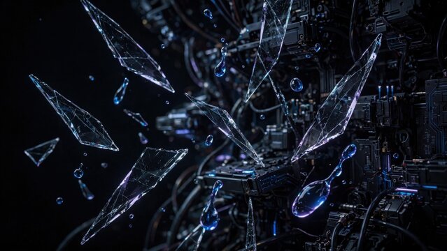 Abstract Shattered Glass Fragments with Blue Light Reflections.