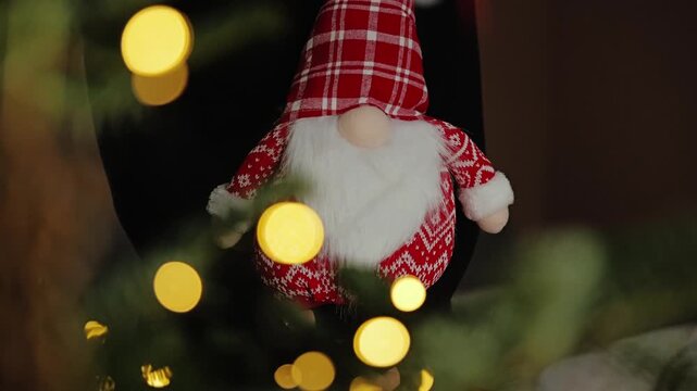 Christmas Gnome Decoration With Warm Fairy Lights and Festive Holiday Bokeh