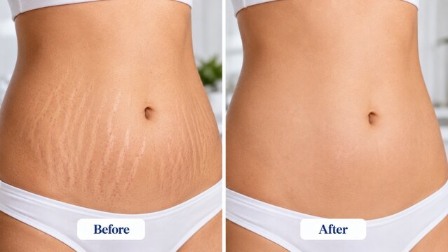 Stretch marks reduction on female stomach skin before and after laser therapy treatment comparison.