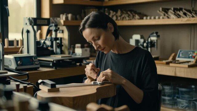 Skilled Artisan Crafting Precision Wooden Instrument in Modern Creative Workshop Studio