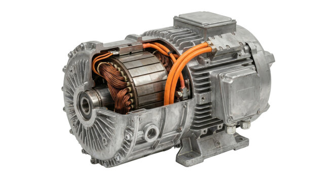 Cutaway view of electric motor showing internal components like copper windings and rotor for industrial machinery or engineering concept visualization on transparent background.