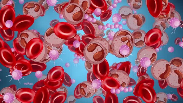 Microscopic Animation of Red and White Blood Cells Drifting Right