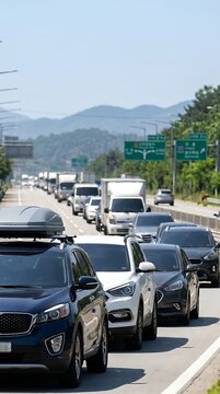 Heavy traffic congestion on a highway with many cars and trucks driving slowly under a clear blue sky with mountains in the background
