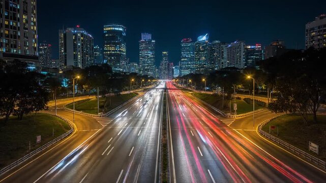 Night city skyline with highway traffic light trails and long exposure time lapse of urban cityscape