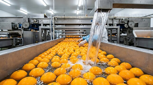 Fresh oranges moving along a metal conveyor belt in a food processing factory while being washed with a large stream of clear running water