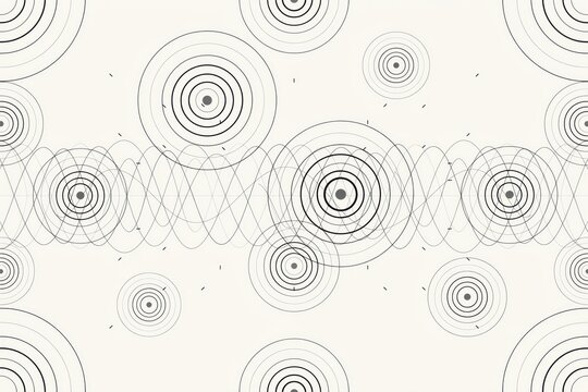 Abstract background, with repeating concentric, circles and intersecting, sine waves in, black lines on, a clean white, surface for projects