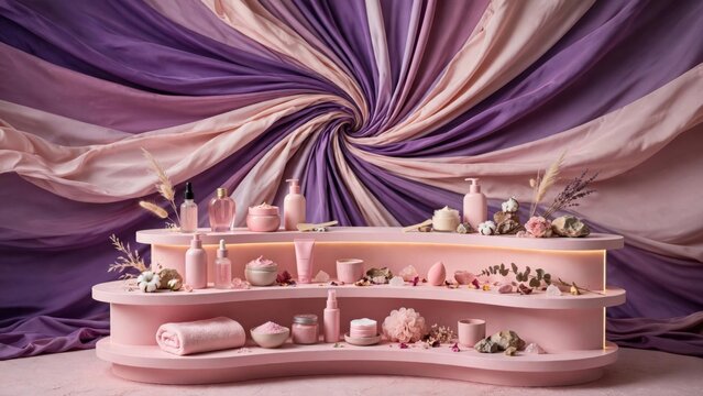 Elegant Spa Display with Skincare Products and Luxurious Drapes.