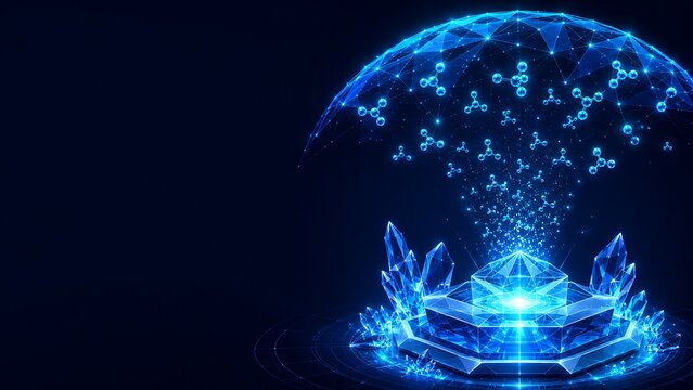 Digital energy field dome over crystal base structure. futuristic world ozone day with abstract technology futuristic structure particle protection. futuristic world ozone day