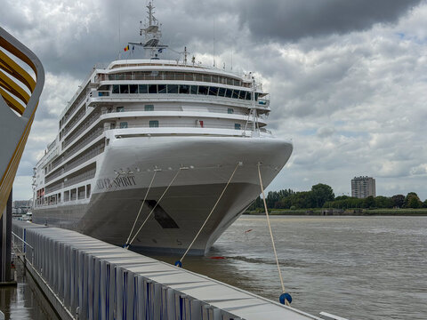 Antwerpen, Belgium, July 20, 2026 - Silver Spirit cruise ship docked at the Cruise Pontoon on the Scheldt river in Antwerpen, Belgi&euml;