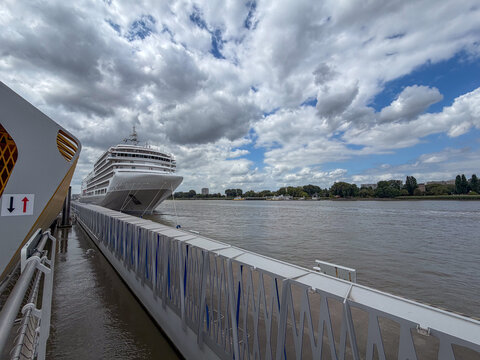 Antwerpen, Belgium, July 20, 2026 - Silver Spirit luxury cruise ship docked at cruise pontoon on the Scheldt river in Antwerpen, Belgi&euml;