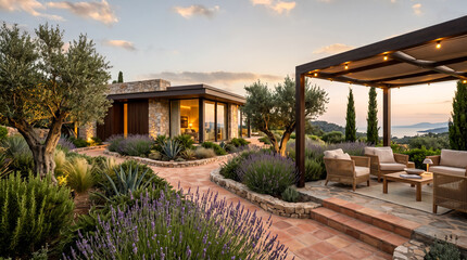 Naklejka premium Mediterranean-style house with lavender garden