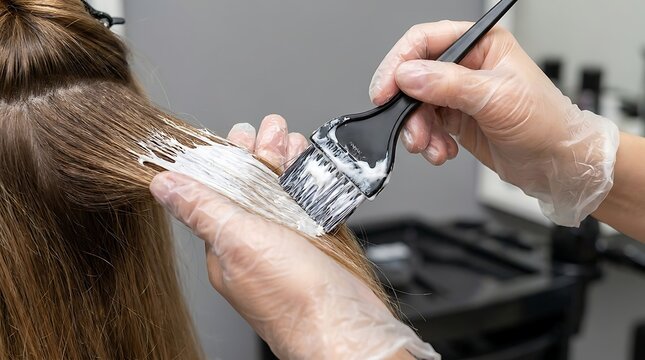 Close up of a hairstylist wearing transparent plastic gloves applying white hair dye to a section of brown hair using a black coloring brush