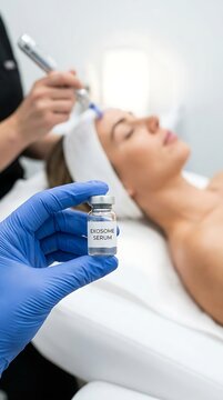 Close up of a hand in a blue medical glove holding a small glass vial labeled exosome serum during a facial skin treatment in a clinic