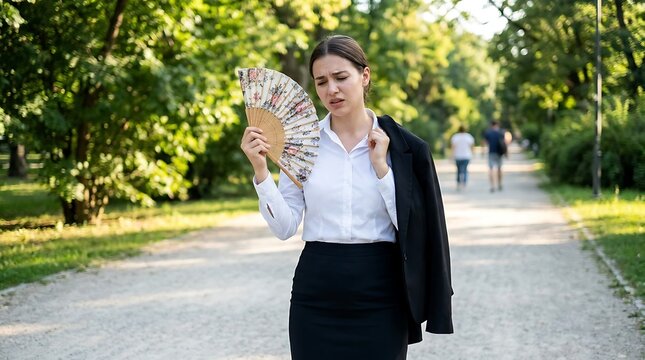 Businesswoman in a white shirt and black skirt cooling herself with a folding fan while walking on a path in a green summer park