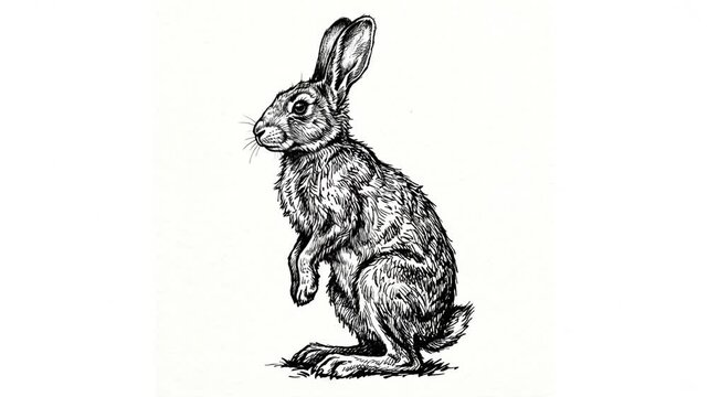 Ink sketch of a wild rabbit standing alert on white background