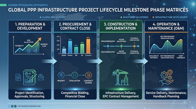 Global PPP Infrastructure Project Lifecycle Matrices: A visual representation of the four phases of a public-private partnership infrastructure project: Preparation & Development.