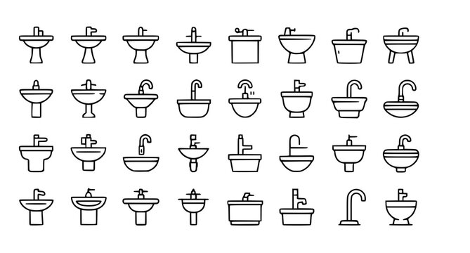 Sink Wash Basin and Faucet Thin Line Icon Set