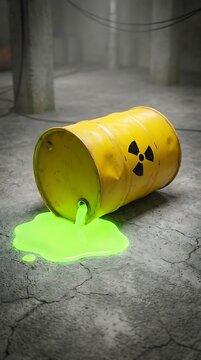A yellow barrel with a radioactive symbol lying on its side on a cracked concrete floor with bright green toxic liquid leaking out of it